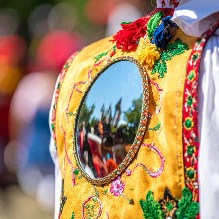 A close-up captures the intricate detail of a traditional folk costume, where a small mirror reflects the vibrant energy of the surrounding festival.の素材