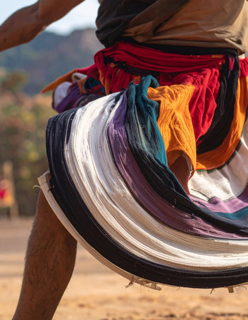 A dancer spins with vibrant energy, their multi-colored skirt creating a beautiful blur of motion against the earthy backdrop.の素材