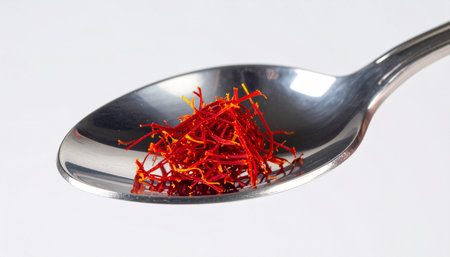 A close-up view captures the vibrant, crimson threads of precious saffron, one of the world's most luxurious spices, resting on a simple silver spoon.の素材