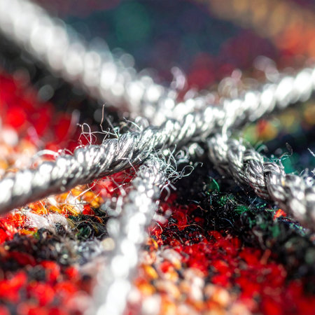 A macro perspective reveals the intricate world within a woven textile. Gleaming silver threads intersect, forming a strong bond over a vibrant, colorful background.の素材