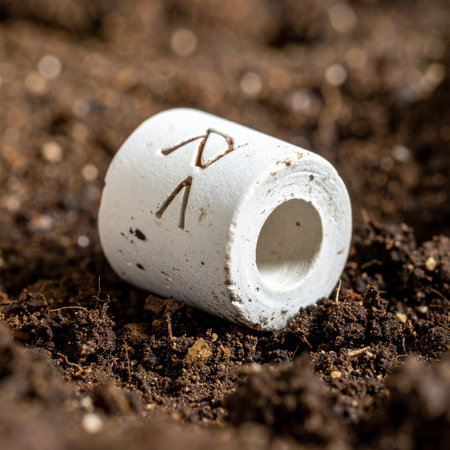 A close-up shot captures a mysterious white cylindrical marker, labeled 'R1', resting on rich, dark soil.の素材