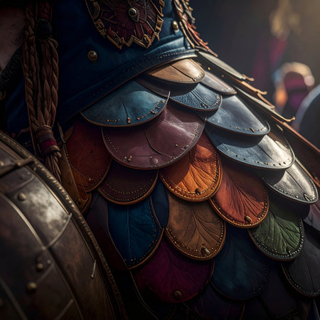 Each overlapping scale, dyed in earthy tones of crimson, forest green, and deep blue, tells a story of battles fought and journeys undertaken.の素材