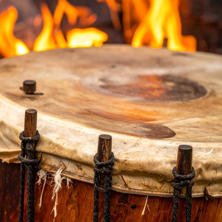 The deep, resonant beat of the ancient drum echoes through the night, its rhythm syncing with the dancing flames of the ceremonial fire.の素材