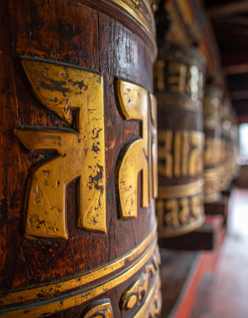 A close-up view reveals the intricate golden mantra on an ancient wooden prayer wheel.の素材