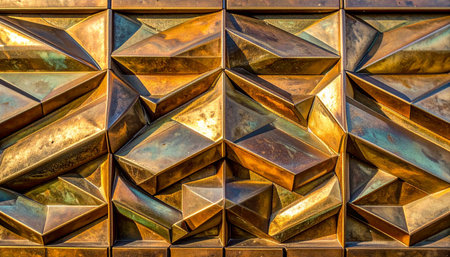 A close-up view of a decorative metal panel with a complex geometric, three-dimensional pattern.の素材