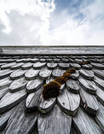 The detailed pattern of aged, gray wooden roof tiles tells a story of endurance and history.の素材