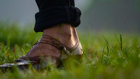 A person takes a quiet moment to connect with nature, their feet grounded in the cool, dew-kissed grass as the morning light begins to filter through.の素材