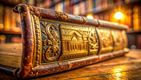 In a quiet, warmly lit library filled with the wisdom of ages, an ancient tome rests upon a wooden table.の素材