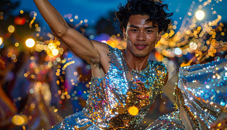 A joyful young man, adorned in a dazzling sequined costume, dances with abandon through a vibrant night festival.の素材