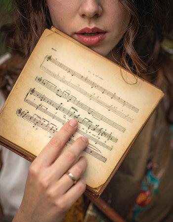 A young woman gently holds a weathered book of sheet music, her finger tracing the path of a forgotten melody.の素材