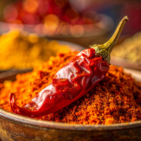 A single dried red chili rests atop a vibrant mound of freshly ground powder, its fiery potential captured in a warm, aromatic close-up.の素材