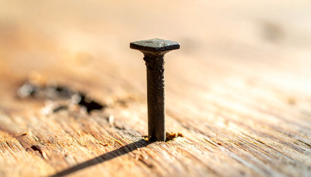 An old, square-headed nail stands firm in a weathered wooden plank, its long shadow cast by the bright sun.の素材