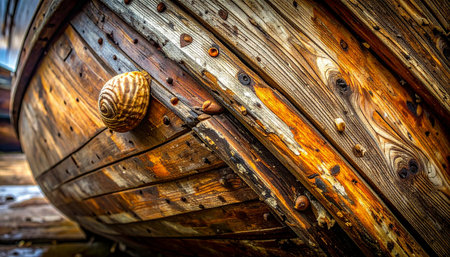 Close-up detail of a vintage wooden boat's hull, where every plank and rusty nail tells a story of countless journeys.の素材
