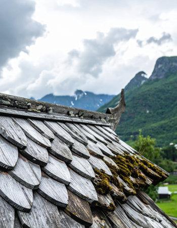 Weathered wooden shingles, layered like ancient scales, form a traditional rooftop in the heart of Norway.の素材