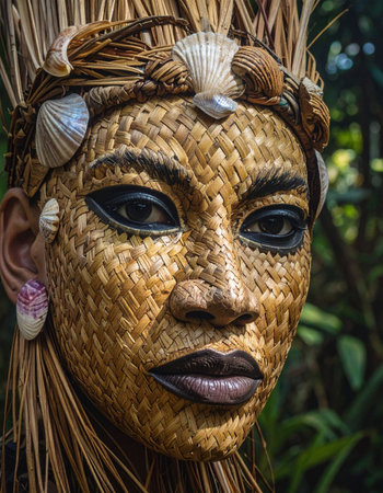 In the heart of a lush, ancient forest, a guardian spirit emerges. Its face, intricately woven from the earth's own fibers and crowned with treasures from the sea, holds the secrets of nature.の素材