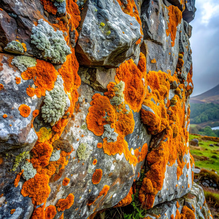 Close-up detail of a weathered stone wall, where vibrant orange and muted green lichens create a stunning natural mosaic.の素材