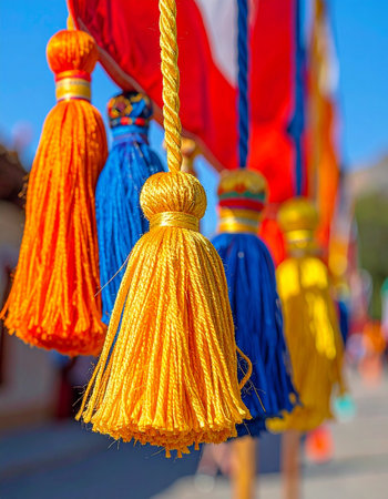 A close-up shot captures the vibrant detail of colorful silk tassels hanging in a row.の素材