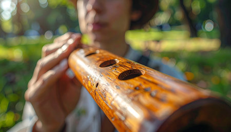 A musician finds a moment of peace in a sun-dappled park, playing a gentle melody on a traditional wooden flute.の素材