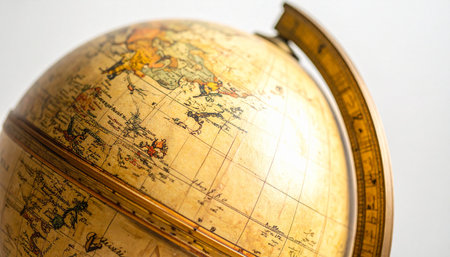 A close-up of a vintage terrestrial globe with a warm, sepia-toned map, isolated on a clean white background.の素材