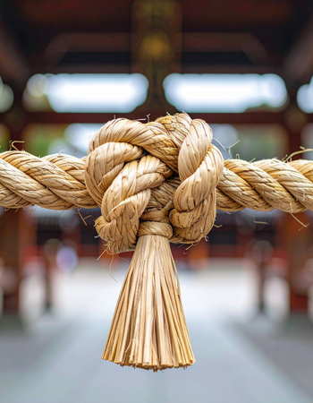 A close-up view of a traditional shimenawa, a sacred straw rope, with an intricate knot at its center.の素材