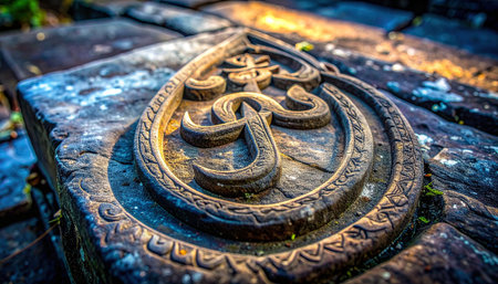 Bathed in the warm glow of a setting sun, an ancient Om symbol is carved into weathered stone, a timeless testament to spiritual devotion and tranquility.の素材