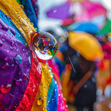 A single, perfect raindrop clings to a vibrant, multi-colored umbrella, acting as a crystal ball.の素材