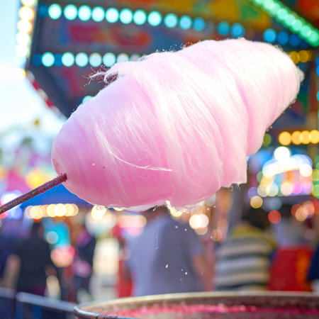 A delicious cloud of pink cotton candy glows against the vibrant, blurred lights of a bustling carnival at night.の素材