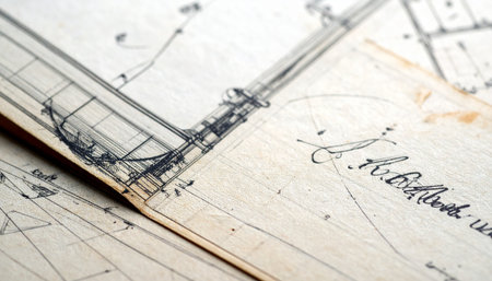 A close-up view of aged, hand-drawn architectural plans reveals the meticulous craftsmanship of a bygone era.の素材