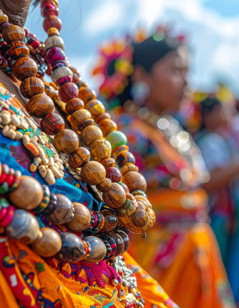 A close-up captures the intricate details of handcrafted beaded necklaces, part of a vibrant traditional costume worn during a lively cultural festival.の素材