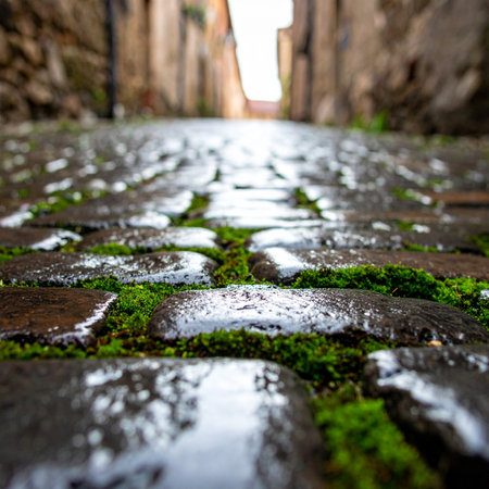 A low-angle perspective on a wet, ancient cobblestone alley where vibrant green moss grows between the weathered stones.の素材