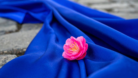 A single, vibrant pink camellia blossom rests gracefully upon a cascade of rich, royal blue fabric.の素材