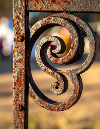 A close-up reveals the intricate beauty of a rusted wrought iron scroll, weathered by time.の素材