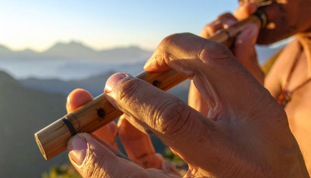 As the first light of dawn touches the mountain peaks, a musician plays a soulful melody on a traditional wooden flute.の素材