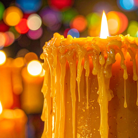 A close-up of a single candle flame provides a warm, golden glow as wax drips down its side.の素材