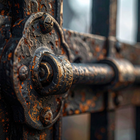A detailed close-up of a heavily rusted antique iron latch, weathered by time and the elements.の素材