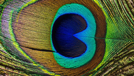 A mesmerizing macro view captures the intricate details and vibrant, iridescent colors of a peacock's feather.の素材