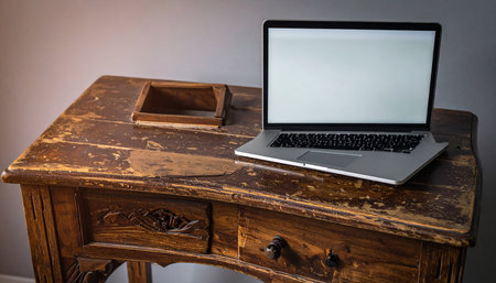 A modern laptop with a blank screen rests on a beautifully worn, antique wooden desk, creating a striking contrast between past and present.の素材
