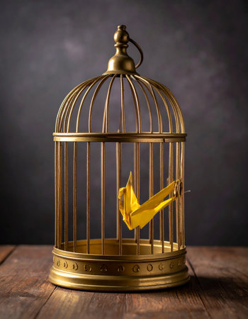 A single yellow feather rests inside an ornate, empty golden birdcage, a poignant symbol of lost freedom and the lingering memory of a bird that has flown.の素材
