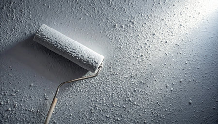 A close-up view captures the satisfying process of home renovation. A paint roller, loaded with fresh white paint, rests on a textured surface, transforming the space.の素材