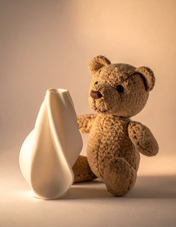 A beloved, classic teddy bear sits in a warmly lit space, gently touching a smooth, white abstract sculpture.の素材