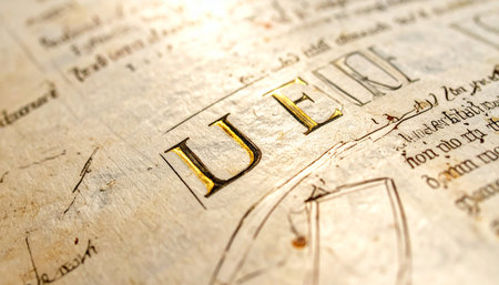 A close-up view of a weathered medieval manuscript reveals the intricate details of gothic calligraphy on aged parchment.の素材