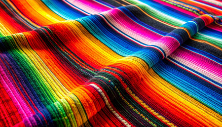 A close-up view reveals the intricate, hand-woven texture of a traditional Mexican serape blanket.の素材