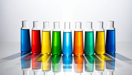 A vibrant array of colorful chemical solutions stands in a neat row, their reflections gleaming on a sterile laboratory surface.の素材