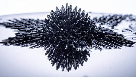 An alien-like structure emerges from a still liquid, its black, spiky form a testament to unseen forces.の素材