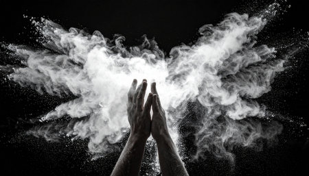 A pair of hands clap together in a dramatic, high-contrast black and white scene, creating a powerful explosion of white powder against a dark background.の素材