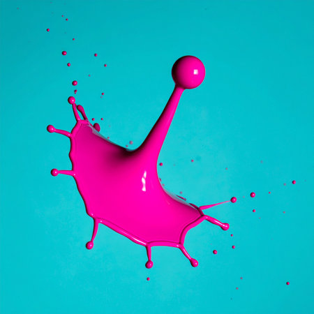 A single drop of vibrant pink paint explodes with dynamic energy against a stark turquoise background.の素材