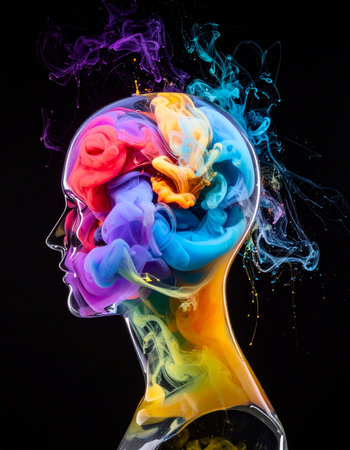 A stunning visual metaphor for the inner world of the human mind, where a vibrant explosion of colorful smoke represents a burst of creativity, inspiration, and complex thought.の素材