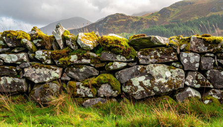 An ancient dry-stone wall, weathered by time and adorned with vibrant green moss, winds its way through the rugged highland landscape.の素材