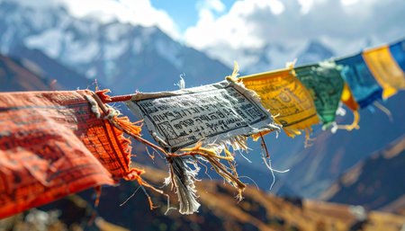 Weathered and vibrant Tibetan prayer flags, inscribed with sacred mantras, flutter in the crisp mountain air.の素材