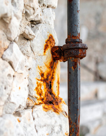 A close-up view captures the relentless effect of time and weather.の素材